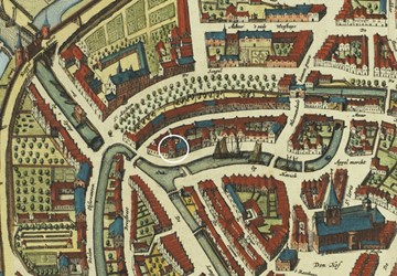 <p>Detail van de kaart van Joan Bleau uit ca. 1650, met de locatie van Havik 2 wit omcirkeld (beeldbank Utrechts Archief). </p>
